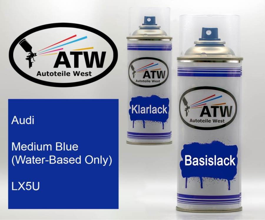 Audi, Medium Blue (Water-Based Only), LX5U: 400ml Sprühdose + 400ml Klarlack - Set, von ATW Autoteile West.